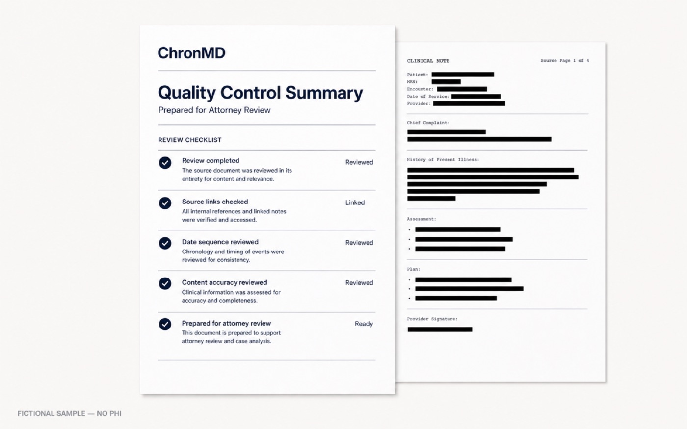 FICTIONAL SAMPLE — NO PHI: ChronMD quality-control summary beside a redacted linked source page